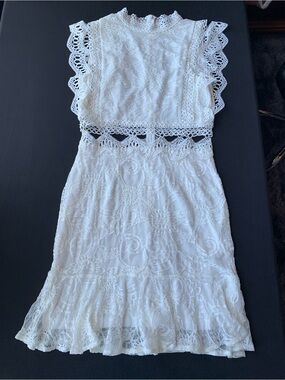 Double Crazy White Lace Crochet Cutout Ruffle Mini Dress Size M